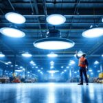A photograph of a well-lit industrial workspace featuring ufo high bay led lights in action