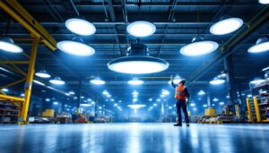 A photograph of a well-lit industrial workspace featuring ufo high bay led lights in action