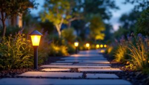 A photograph of a lighting contractor installing plug-in pathway lights in a beautifully landscaped outdoor setting during twilight
