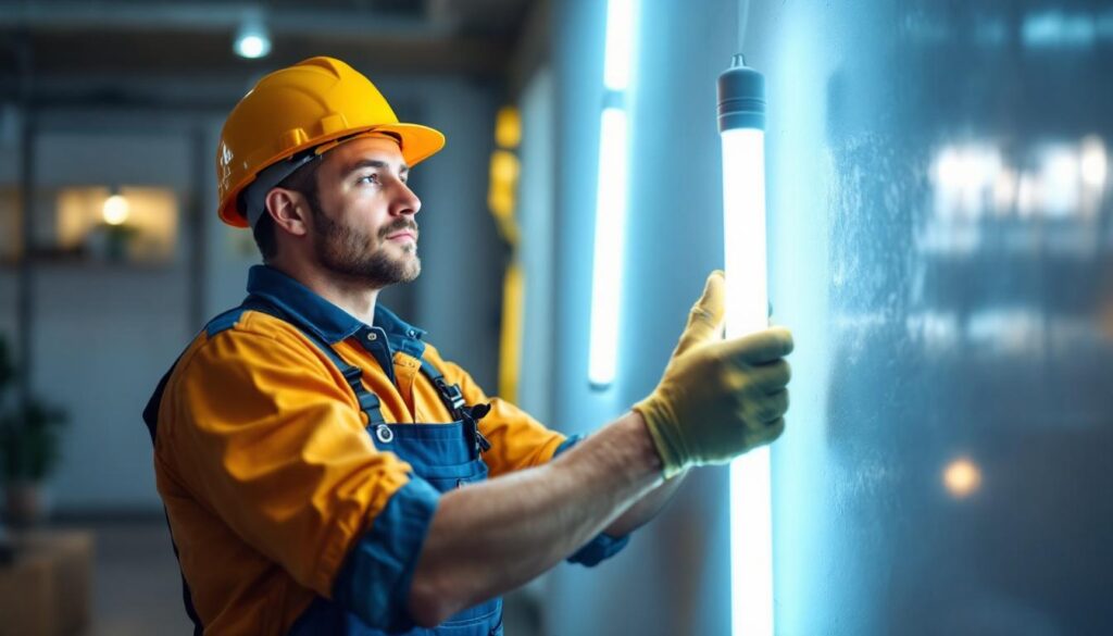 A photograph of a lighting contractor installing or inspecting led tube light bulbs in a commercial or residential setting
