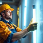 A photograph of a lighting contractor installing or inspecting led tube light bulbs in a commercial or residential setting
