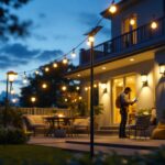 A photograph of a beautifully lit outdoor patio at dusk