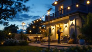 A photograph of a beautifully lit outdoor patio at dusk