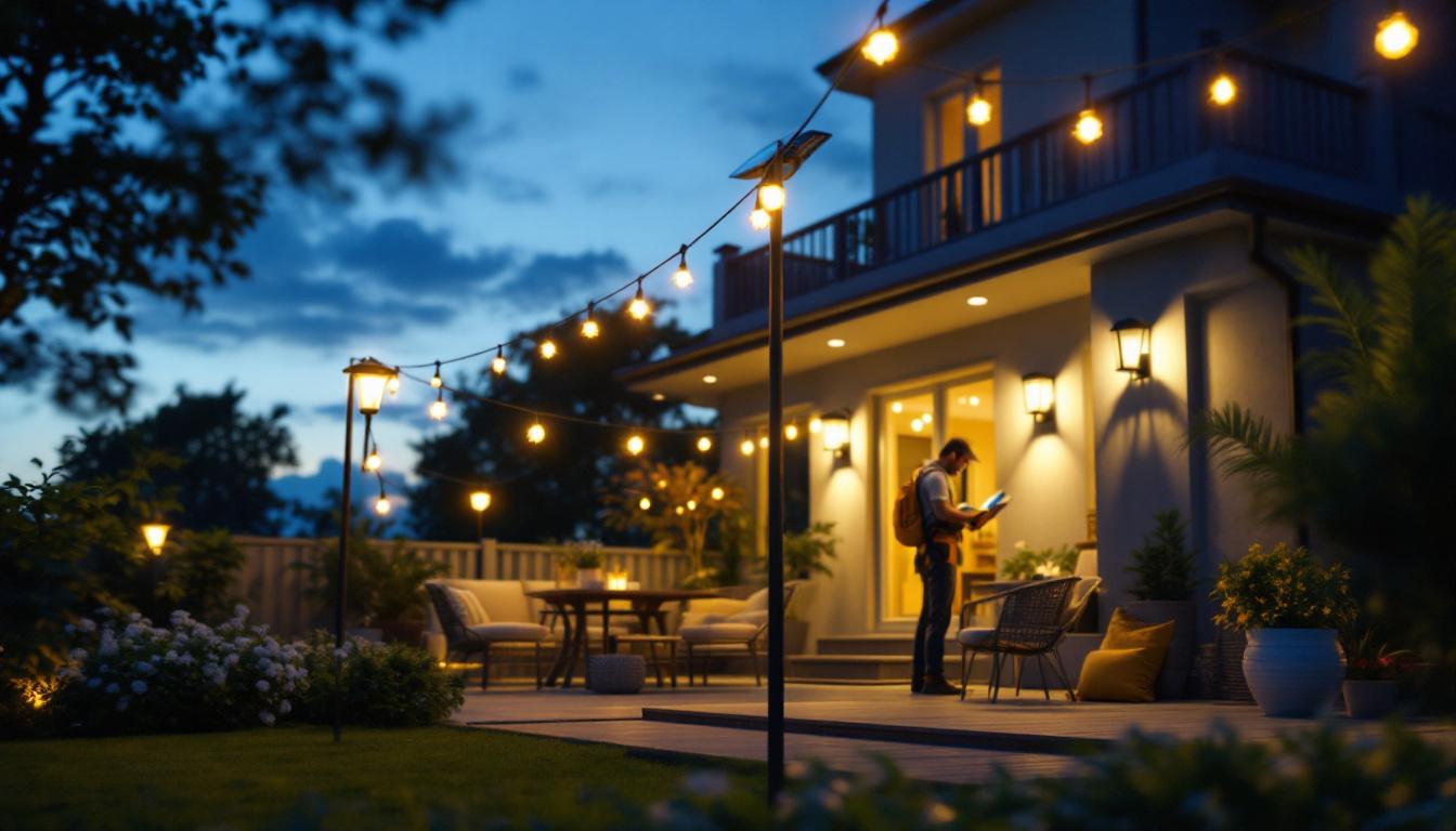 A photograph of a beautifully lit outdoor patio at dusk