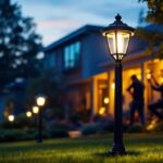 A photograph of a beautifully illuminated yard showcasing various stylish post lights in an outdoor setting during twilight