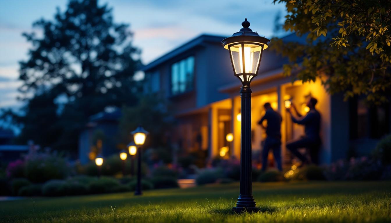 A photograph of a beautifully illuminated yard showcasing various stylish post lights in an outdoor setting during twilight