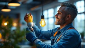 A photograph of a skilled lighting contractor installing a corn cob bulb in a well-lit