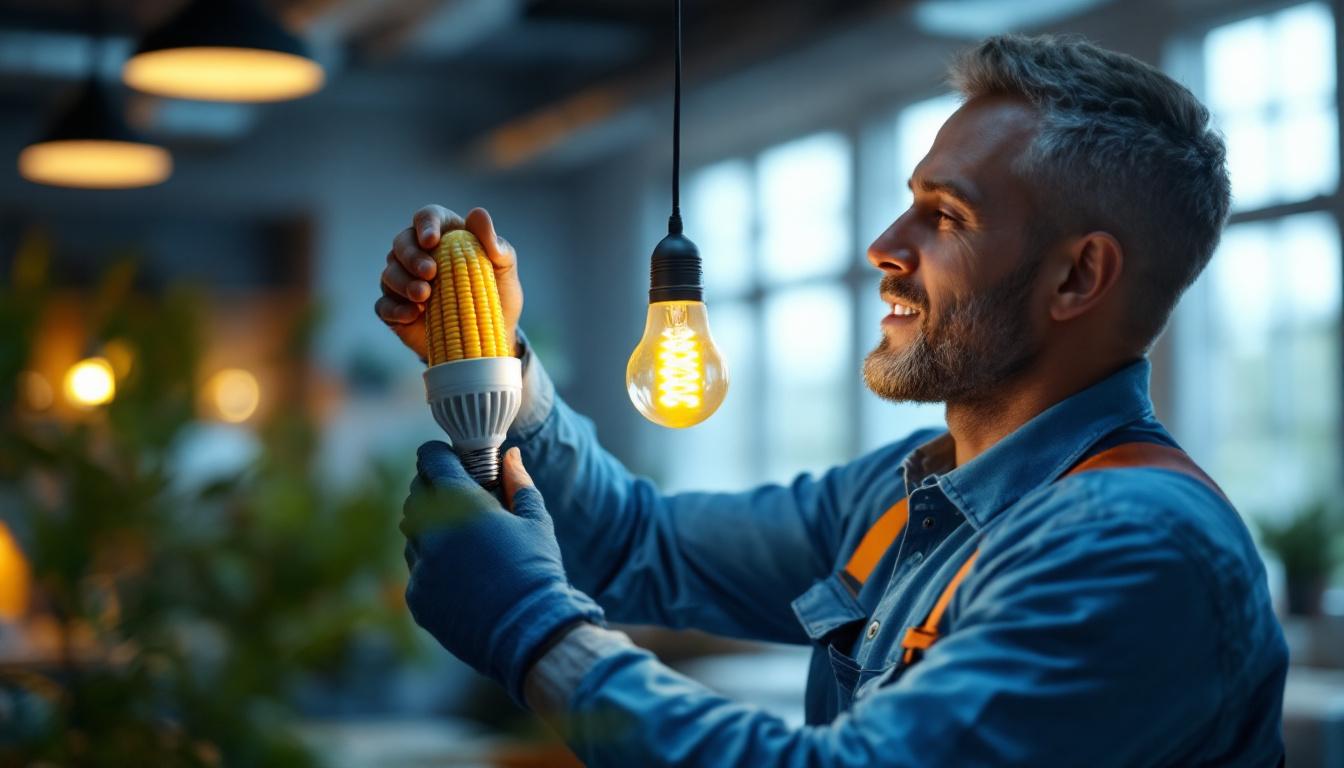 A photograph of a skilled lighting contractor installing a corn cob bulb in a well-lit