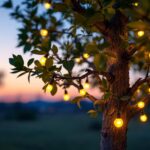 A photograph of a solar tree lighting installation in an outdoor setting at dusk