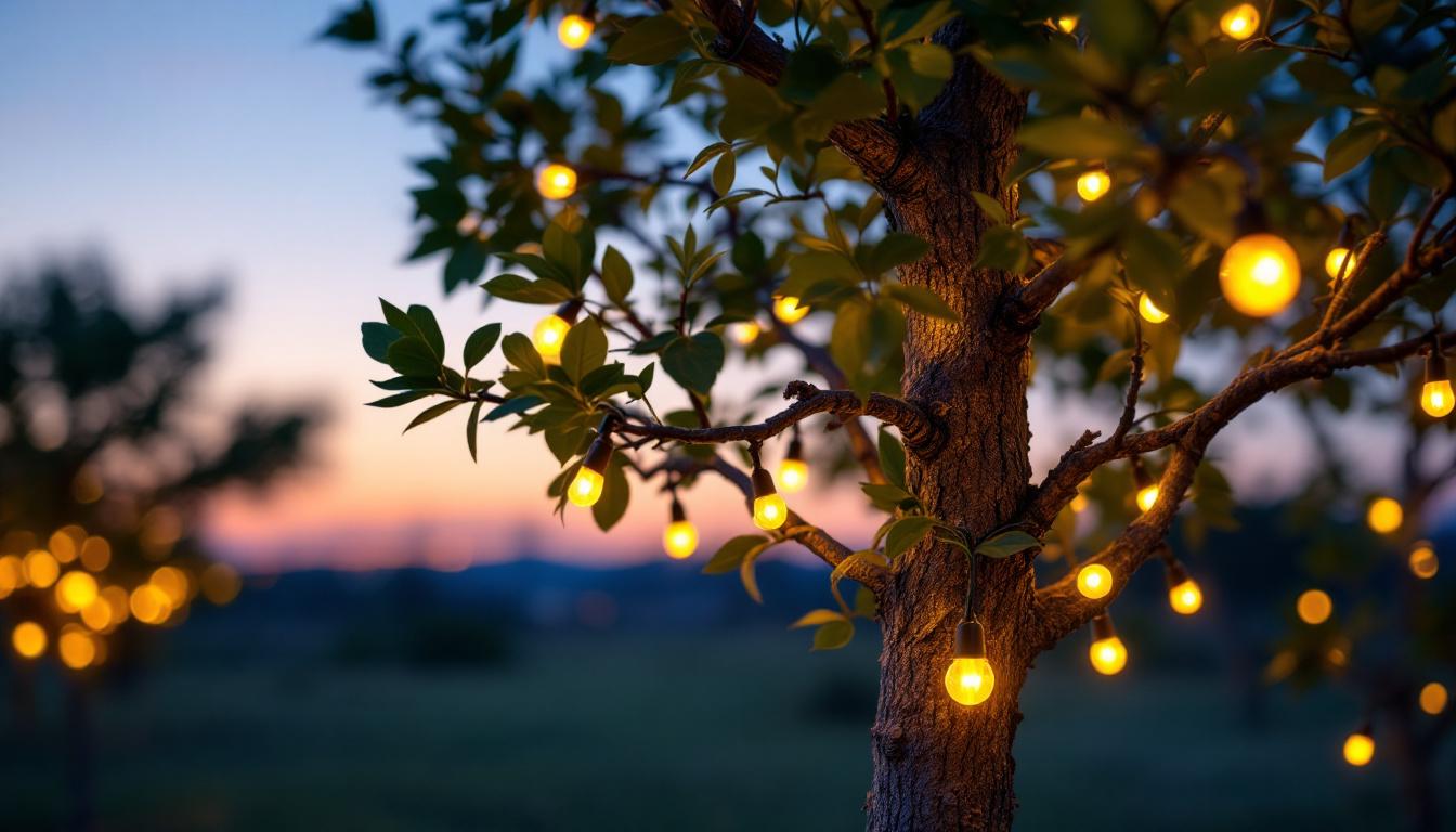 A photograph of a solar tree lighting installation in an outdoor setting at dusk
