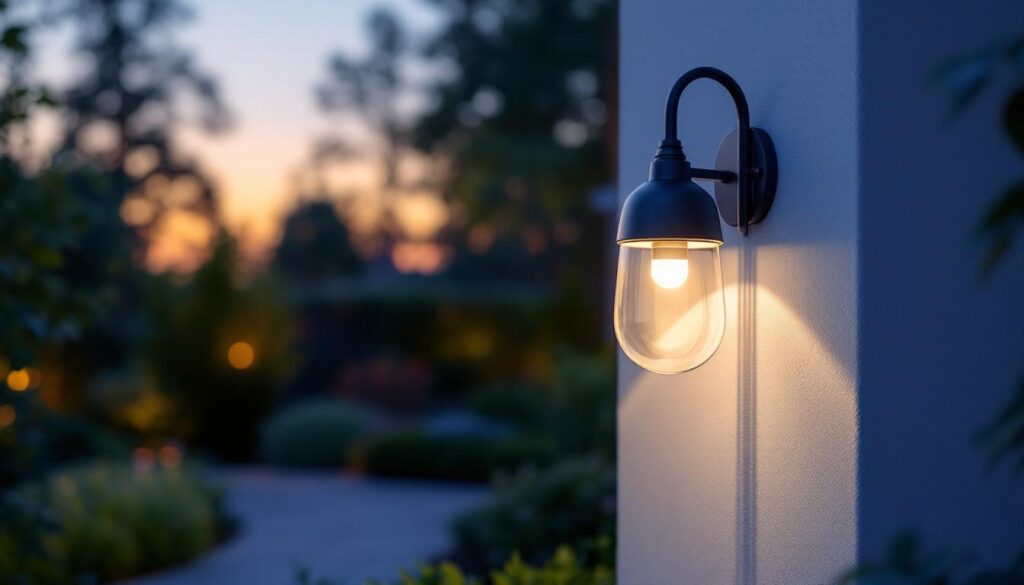 A photograph of a stylish outdoor light fixture elegantly illuminating a beautifully landscaped garden at dusk