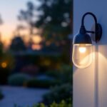 A photograph of a stylish outdoor light fixture elegantly illuminating a beautifully landscaped garden at dusk