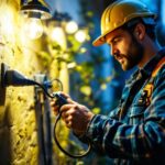 A photograph of a skilled lighting contractor expertly installing outdoor wire connectors in a well-lit garden setting