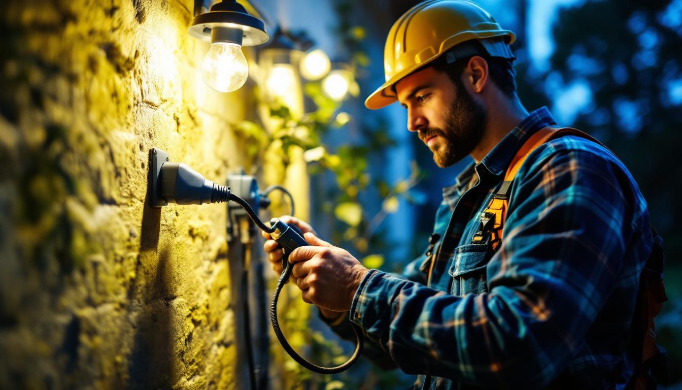 A photograph of a skilled lighting contractor expertly installing outdoor wire connectors in a well-lit garden setting