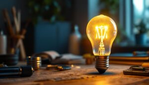 A photograph of a 40-watt type g light bulb illuminated in a cozy