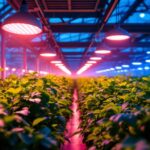A photograph of a modern greenhouse interior showcasing various led lamps illuminating vibrant plants