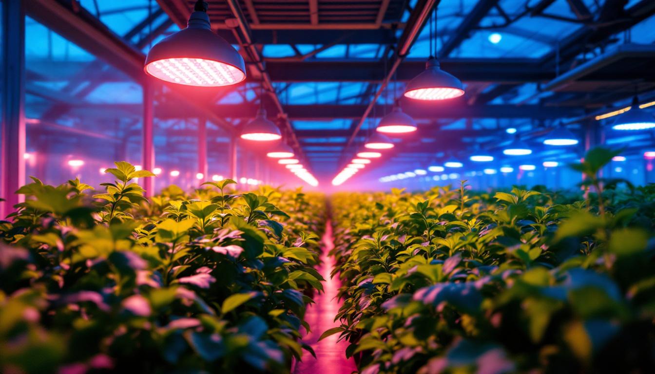 A photograph of a modern greenhouse interior showcasing various led lamps illuminating vibrant plants