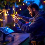 A photograph of a lighting contractor installing solar led light strips in an outdoor setting