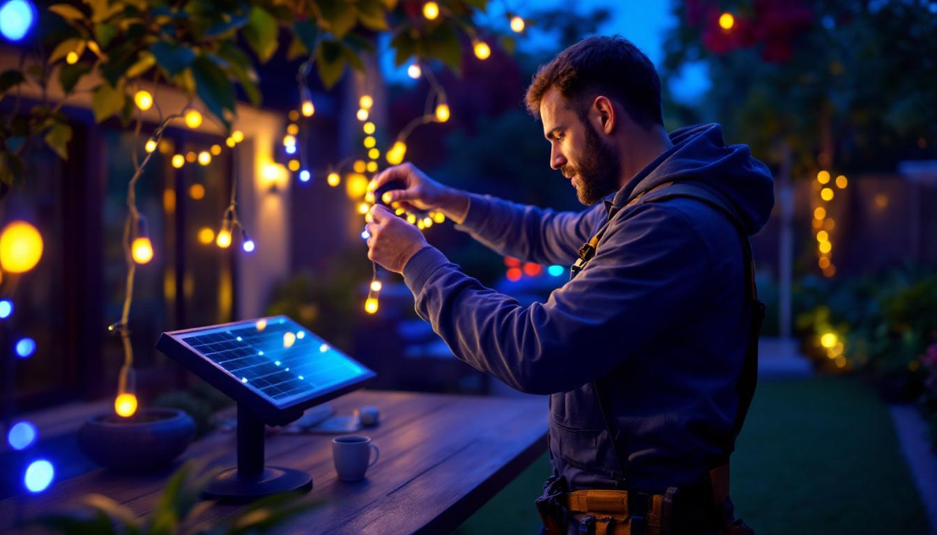 A photograph of a lighting contractor installing solar led light strips in an outdoor setting