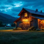 A photograph of a beautifully illuminated outdoor barn scene at dusk