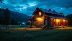A photograph of a beautifully illuminated outdoor barn scene at dusk
