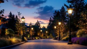 A photograph of a beautifully illuminated driveway featuring elegant light poles