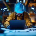 A photograph of a lighting contractor working on a project