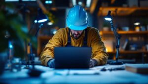 A photograph of a lighting contractor working on a project