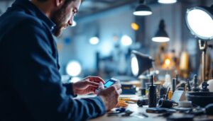 A photograph of a lighting professional examining a 24v dimmable led driver in a well-lit workshop