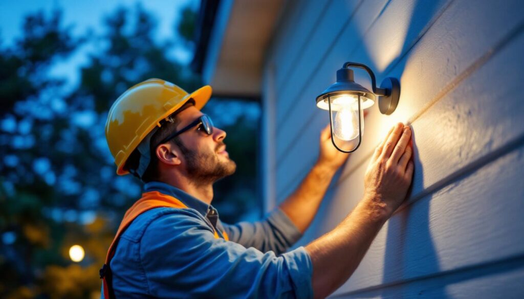 A photograph of a skilled lighting contractor installing a stylish wall mount exterior light on a home
