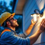 A photograph of a skilled lighting contractor installing a stylish wall mount exterior light on a home