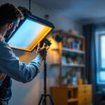 A photograph of a professional lighting contractor installing an eye-catching light box cover in a stylish interior setting