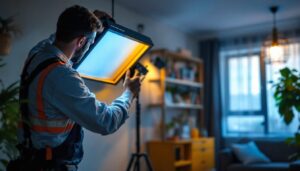 A photograph of a professional lighting contractor installing an eye-catching light box cover in a stylish interior setting