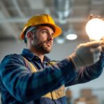A photograph of a lighting contractor installing or showcasing a par38 led globe in a well-lit environment