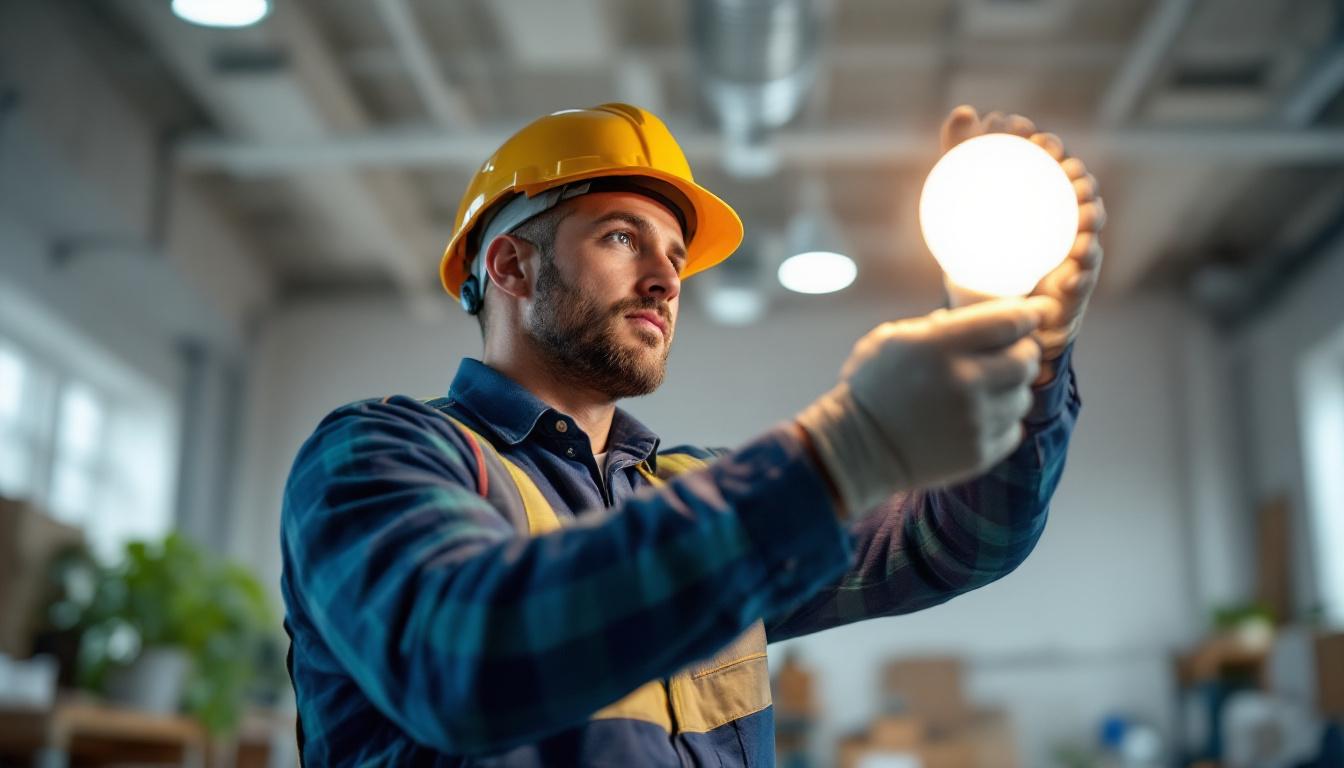 A photograph of a lighting contractor installing or showcasing a par38 led globe in a well-lit environment