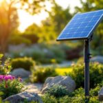 A photograph of a well-designed solar light stand installed in a landscaped outdoor setting