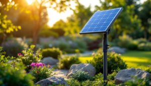 A photograph of a well-designed solar light stand installed in a landscaped outdoor setting