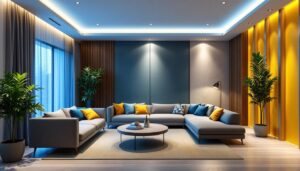 A photograph of a beautifully designed living space featuring recessed lighting