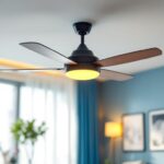 A photograph of a stylish decorative ceiling fan with integrated lighting in a modern living space