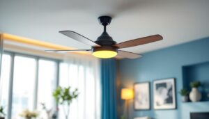 A photograph of a stylish decorative ceiling fan with integrated lighting in a modern living space