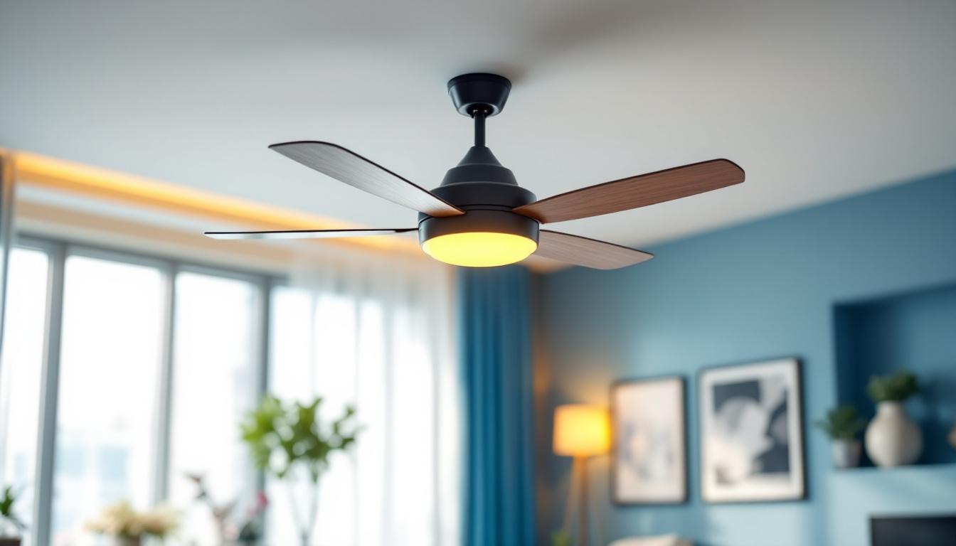 A photograph of a stylish decorative ceiling fan with integrated lighting in a modern living space