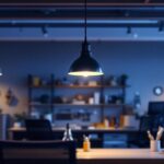 A photograph of a well-lit workspace featuring stylish overhead shop lights that enhance the overall ambiance and functionality of the space