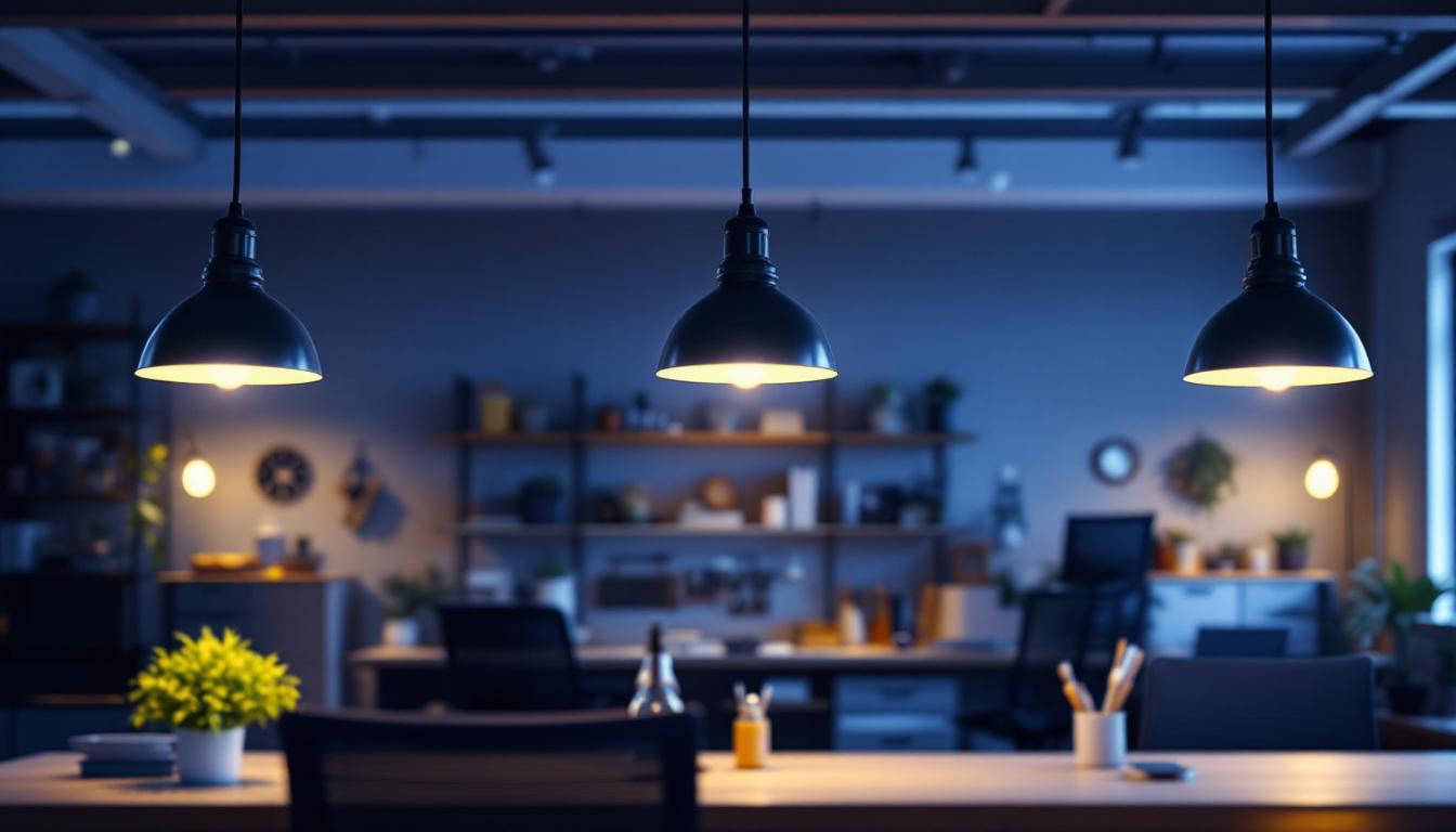 A photograph of a well-lit workspace featuring stylish overhead shop lights that enhance the overall ambiance and functionality of the space
