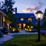 A photograph of a lighting contractor installing solar black lights in a residential outdoor setting at dusk