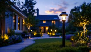 A photograph of a lighting contractor installing solar black lights in a residential outdoor setting at dusk