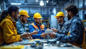 A photograph of a diverse team of electricians engaged in a hands-on training session