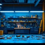 A photograph of a well-lit workshop or garage scene featuring led t5 shop lights in action