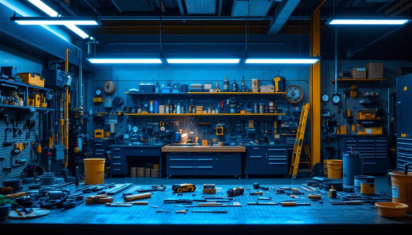 A photograph of a well-lit workshop or garage scene featuring led t5 shop lights in action
