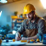 A photograph of a lighting contractor in action