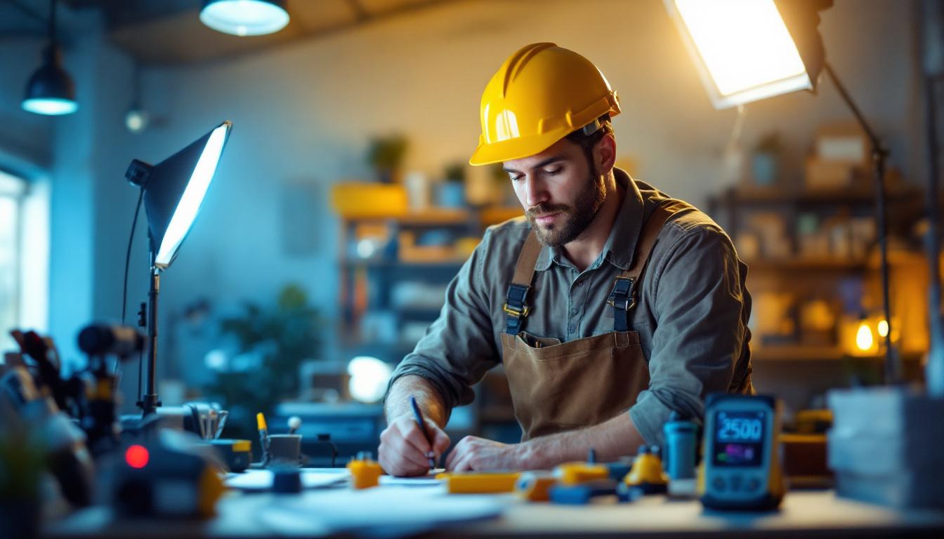 A photograph of a lighting contractor in action